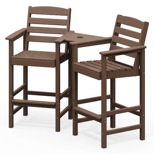 JEAREY Brown Modern HDPE Plastic Adirondack Chairs, Outdoor Bar Stools with Connecting Tray (Set of 2)