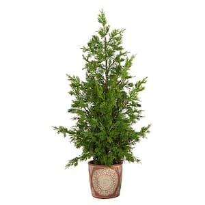 2.3 ft. Unlit Cedar Pine Natural Look Artificial Christmas Tree in Decorative Planter