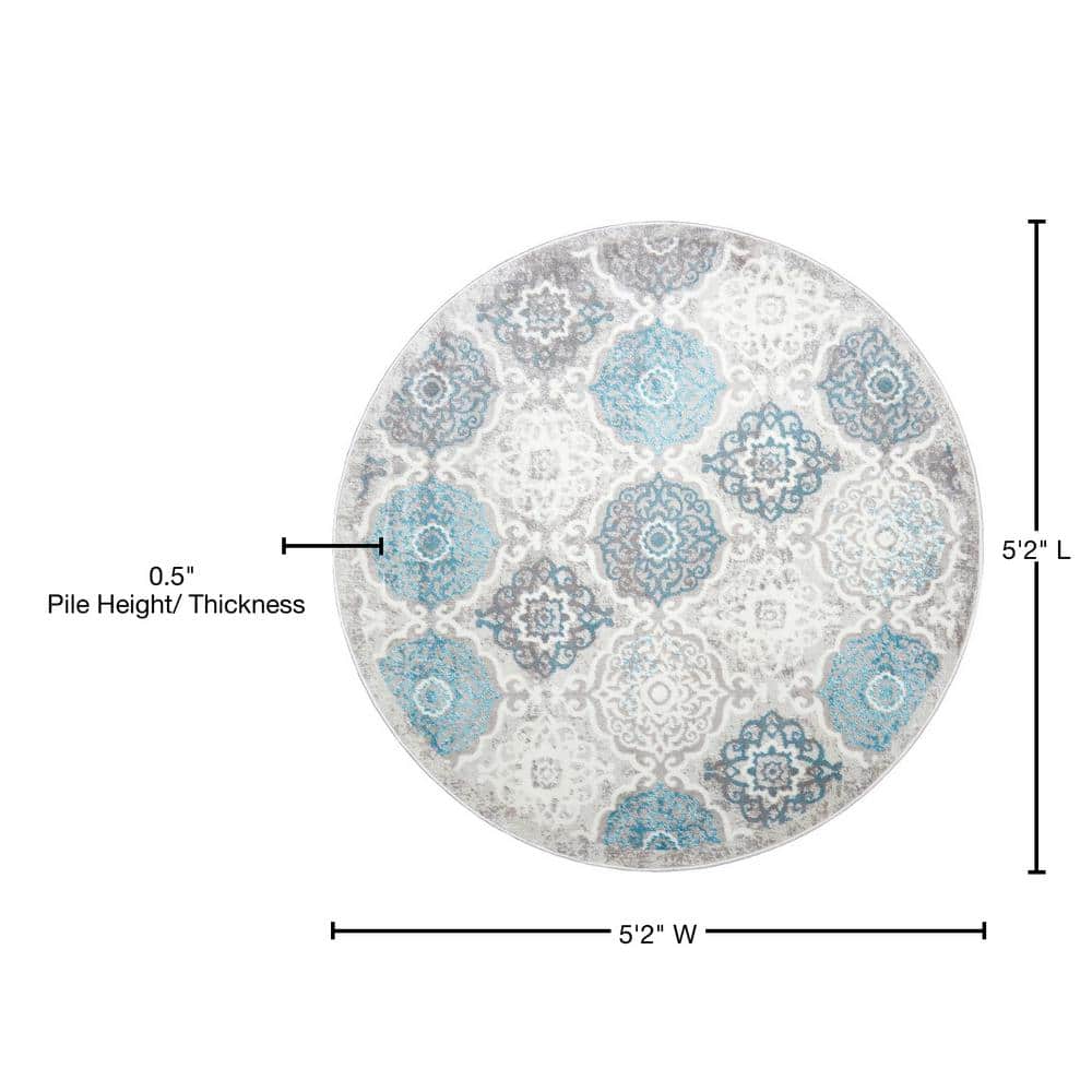 Blue and Gray Round Medallion Washable Area Rug