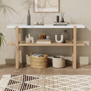 54 in. Natural Rectangle Marble MDF Entryway Console Table with Marble-Effect Top and Open Shelf for Hallway