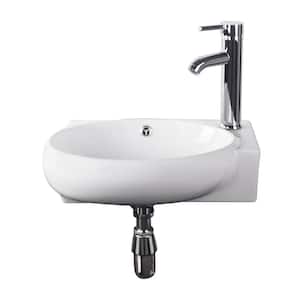 Bathroom Ceramic Vessel Sink in White Porcelain Corner Wall Mounted and Faucet