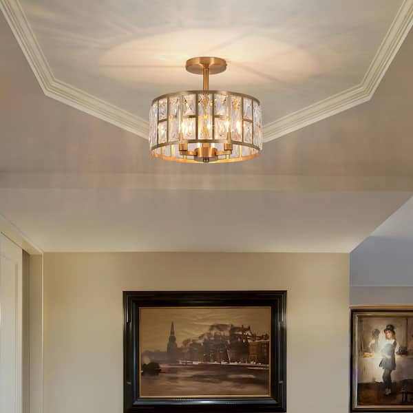 12 in. 3-Light Round Modern Gold Drum Semi Flush Mount Ceiling Light with Clear Crystal Glass
