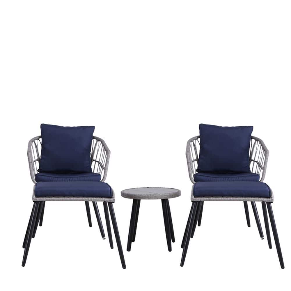 5-Piece Wicker Outdoor Patio Sectional Conversation Set Bistro Set with Blu