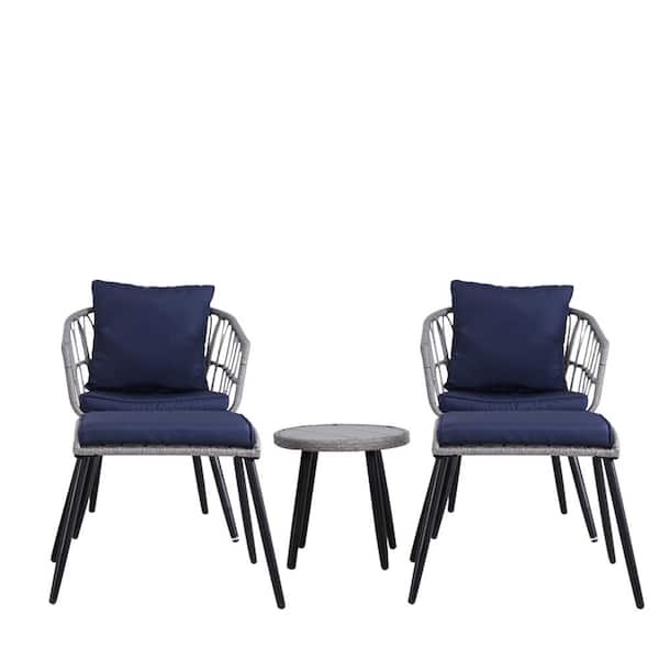 Unbranded 5-Piece Wicker Outdoor Patio Sectional Conversation Set Bistro Set with Blue Cushions and Ottomans for Backyard Balcony
