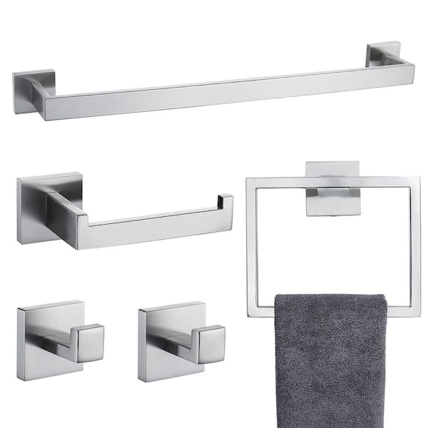 Aoibox 5 Pieces Bathroom Hardware Accessories Set with Towel Holder, Roll Paper Holder, 2 Hooks, Towel Ring, Brushed Nickel