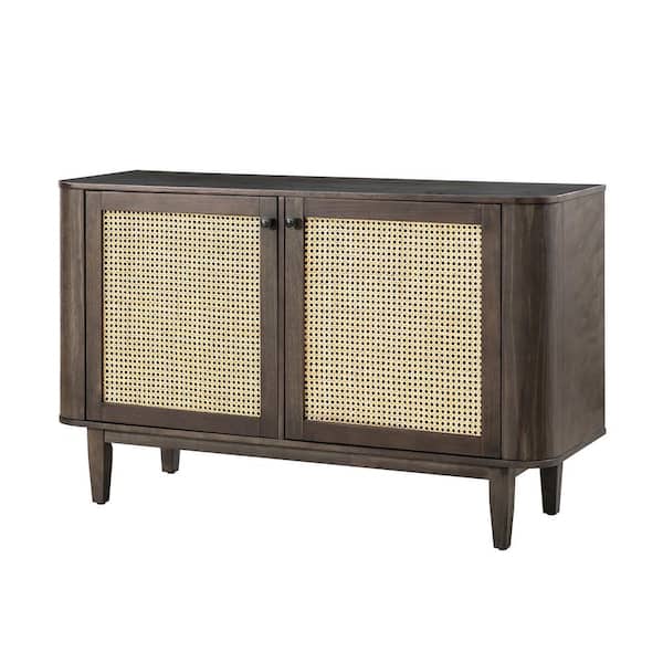 JAYDEN CREATION Felicien Black 52 in. Wide Sideboard with Rattan Decorated Doors and Adjustable Shelves