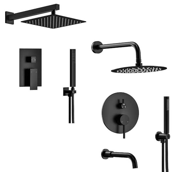 YAWWALK Double Handle 3-Spray 10 in. Wall Mount 1.8 GPM Tub and Shower Faucet with Tower Rack in Matte Black Valve Included