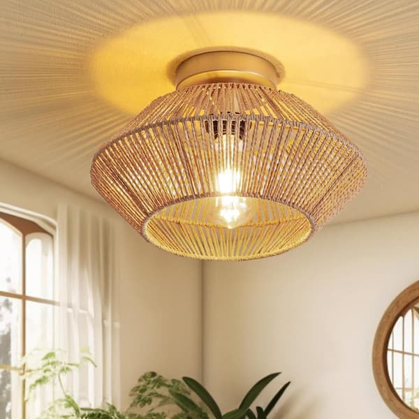Pacific Core Boho Series 12.6 in. 1-Light Gold Flush Mount with Hand-Woven Rattan Shade and No Bulbs Included (1-Pack)