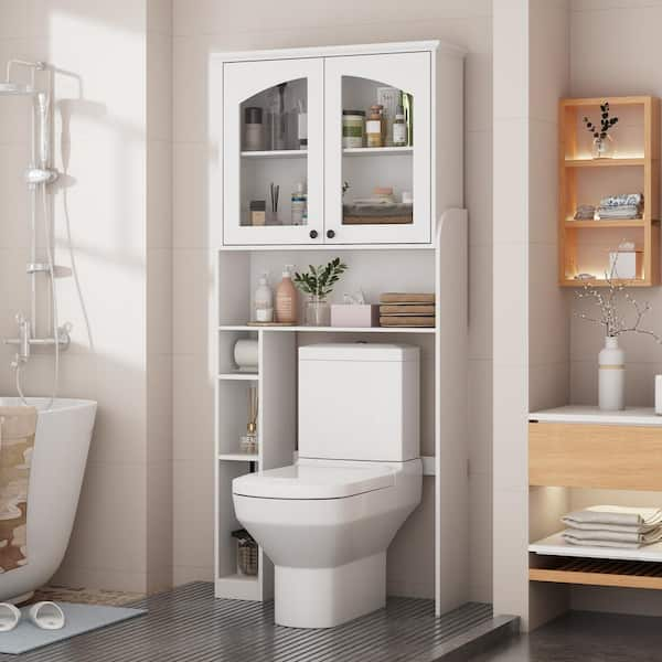 32.2 in. W x 71.9 in. H x 9.8 in. D White Over The Toilet Storage Bathroom Space Saver with Doors Cabinet, Open Shelves