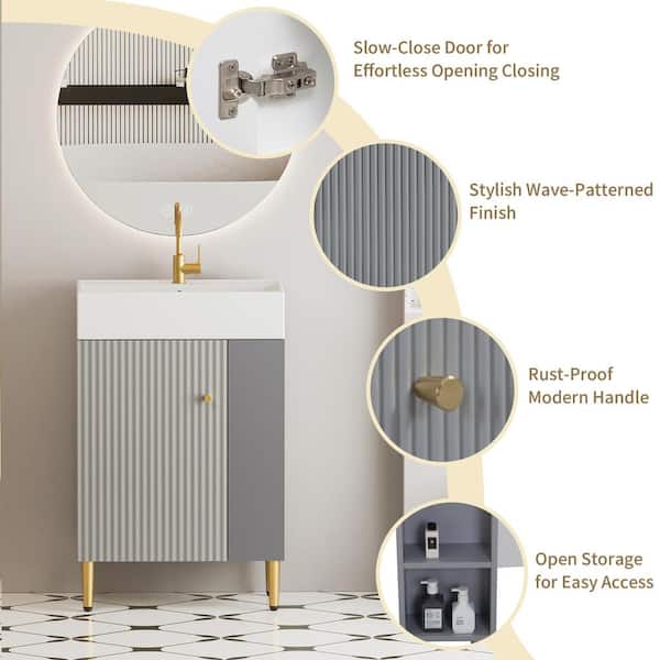 22 in. W x 12 in. D x 34 in. H Single Sink Bath Vanity in Grey w/ White Ceramic Top and Right Side Open Storage Shelves