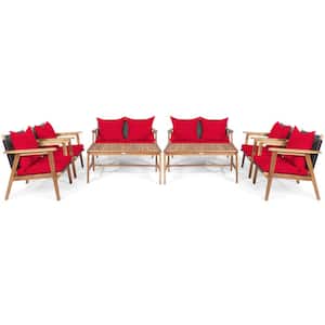 8PCS Wood Patio Conversation Set Sectional Sofa Set for Garden with Coffee Table and Red Cushions