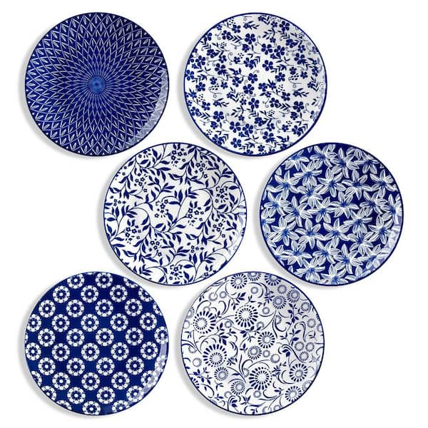 Blue and White Dessert Plate Set of 6 Vintage Salad Plates 8.25 in. Round Kitchen Serving Plates