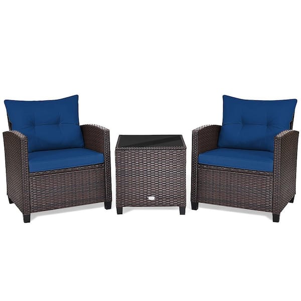 Unbranded Outdoor 3-Piece Wicker Patio Conversation Set with Glass Top Coffee Table and Navy Cushion