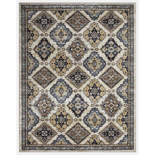 Eden Collection Panels Ivory 8 ft. x 10 ft. Machine Washable Traditional Indoor Area Rug