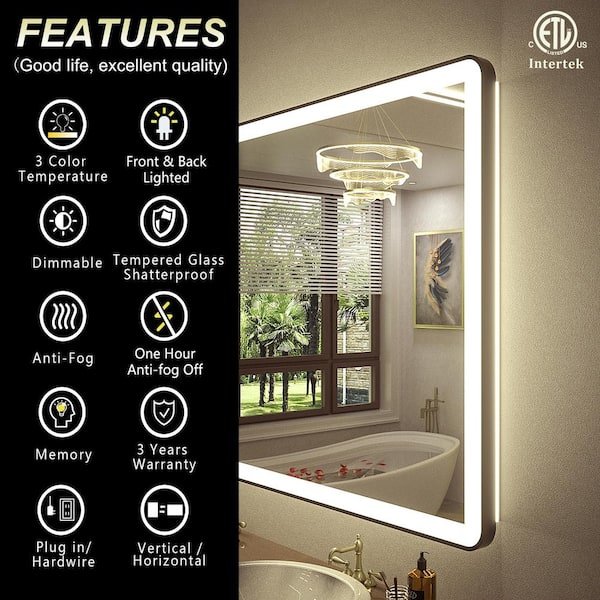 40 in. W x 36 in. H Rectangular Framed Front, Back LED Lighted Anti-Fog Wall Bathroom Vanity Mirror in Tempered Glass