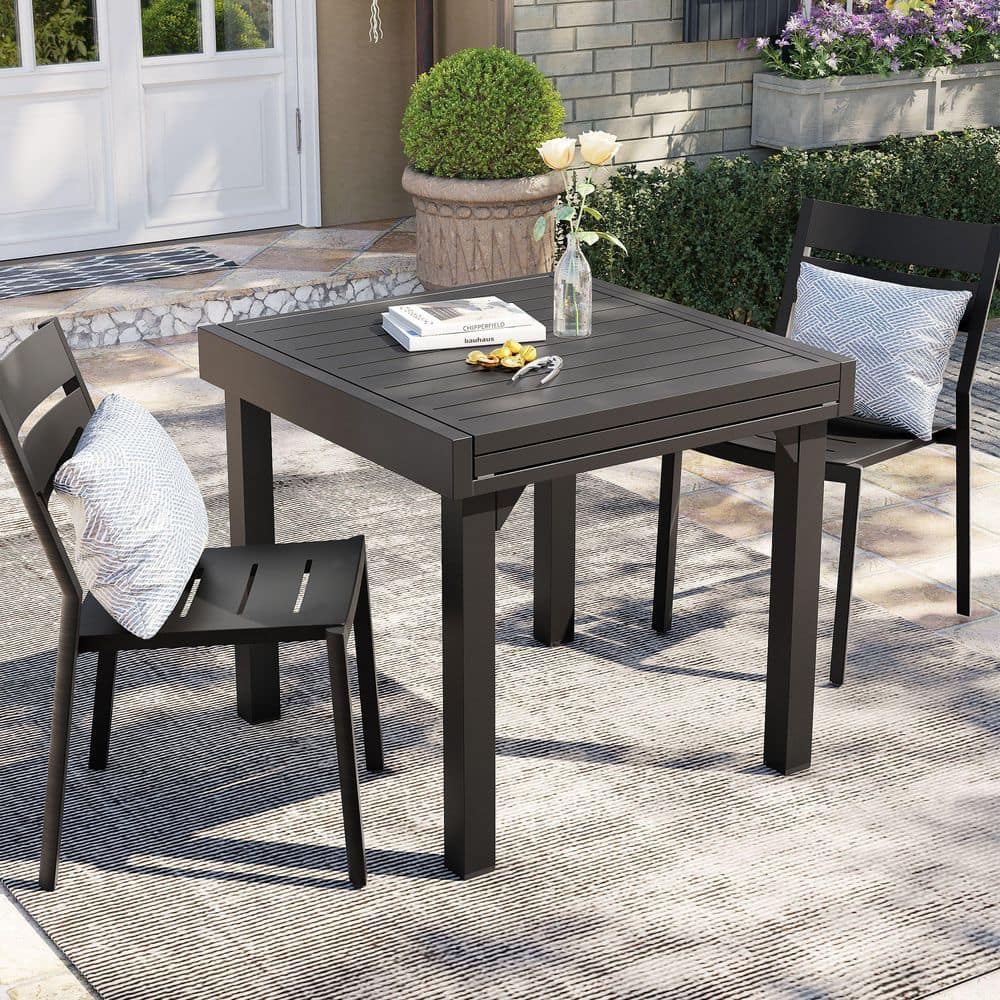 3-Piece Aluminum Rectangular Outdoor Dining Set with Expandable Table and Stackable Armless Chairs in Black