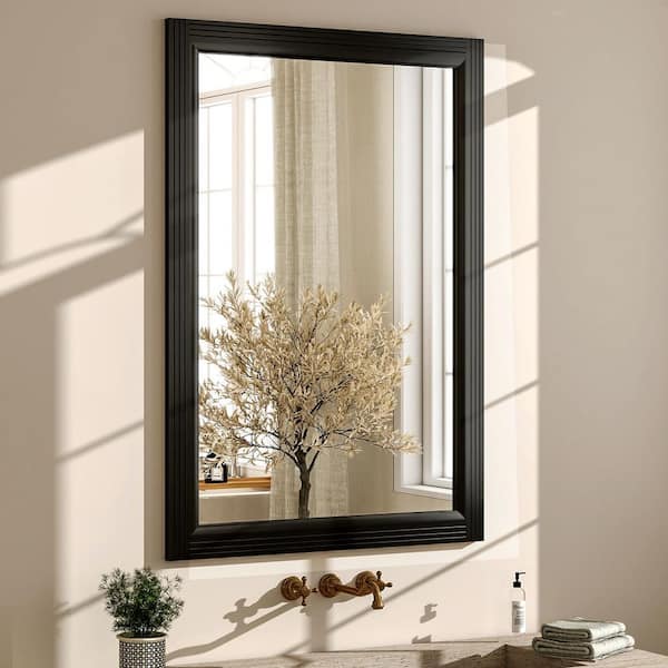 XRAMFY 24 in. W x 36 in. H Rectangular Classic Black Wooden Framed Bathroom Vanity Mirror Wall Mirror