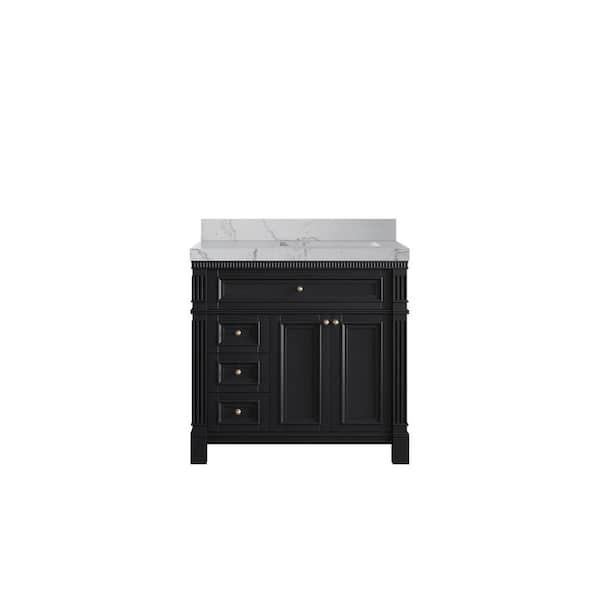 Paris 36 in. W x 22 in. D x 36 in. H Right Offset Sink Bath Vanity in Black with 2 in. Venatino qt. Top