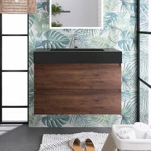 36 in. W x 18 in. D x 25 in. H Wall-Mounted Bath Vanity in Walnut with Black Solid Surface Top