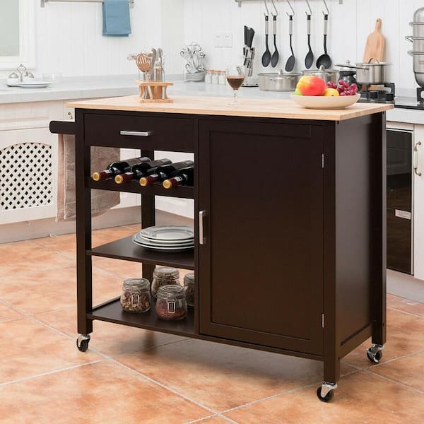 4-Tier Drawer Brown Wood Kitchen Island Trolley Cart Storage Cabinet with Wine Rack