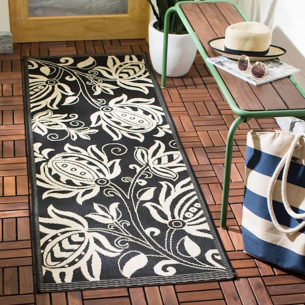 Courtyard Black/Sand 2 ft. x 14 ft. Border Indoor/Outdoor Patio  Runner Rug