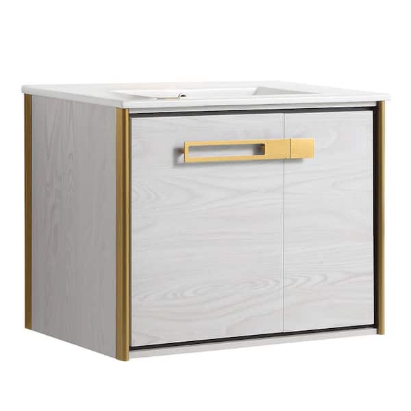 FINE FIXTURES Oakville 30 in. W x 18 in. D x 23.25 in. H Wall Mounted Bathroom Vanity in Gray with White Ceramic Sink Top