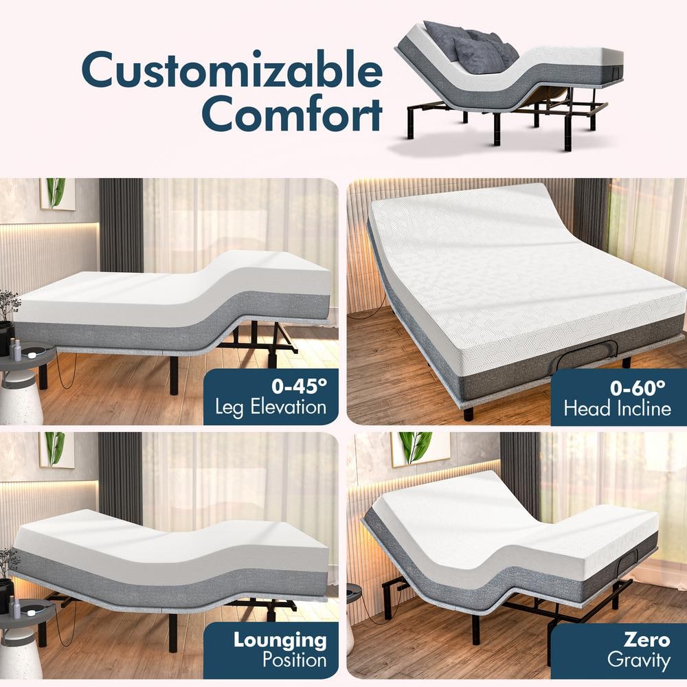 Gray Twin XL Adjustable Upholstered Metal Bed Frame with Massage