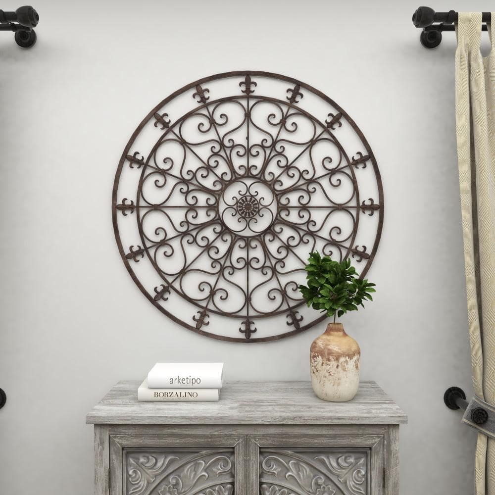 Black Iron Scrollwork and Fleur De Lis Round Wall Sculpture