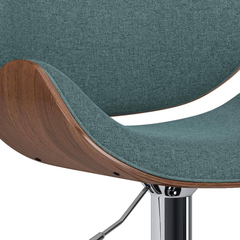 Light Turquoise Blue Linen Adjustable Swivel Bar Stool with Walnut Bentwood