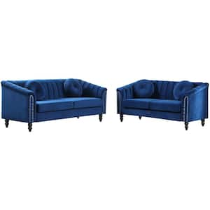 75 in. Round Arm 2-Piece Velvet L-Shaped Sectional Sofa in Jazz Blue