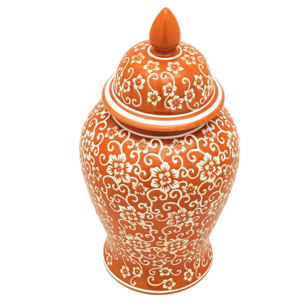 18" Orange and White Floral Porcelain Temple Jar