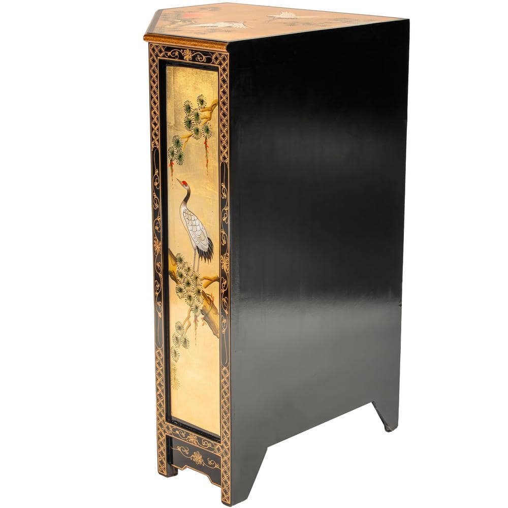 Gold Lacquer Hand-Painted Cranes Corner Cabinet