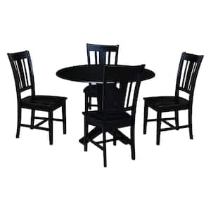 Aria Black 42 in Solid Wood Drop-Leaf Pedestal Table with 4 San Remo Chairs, Seats 4