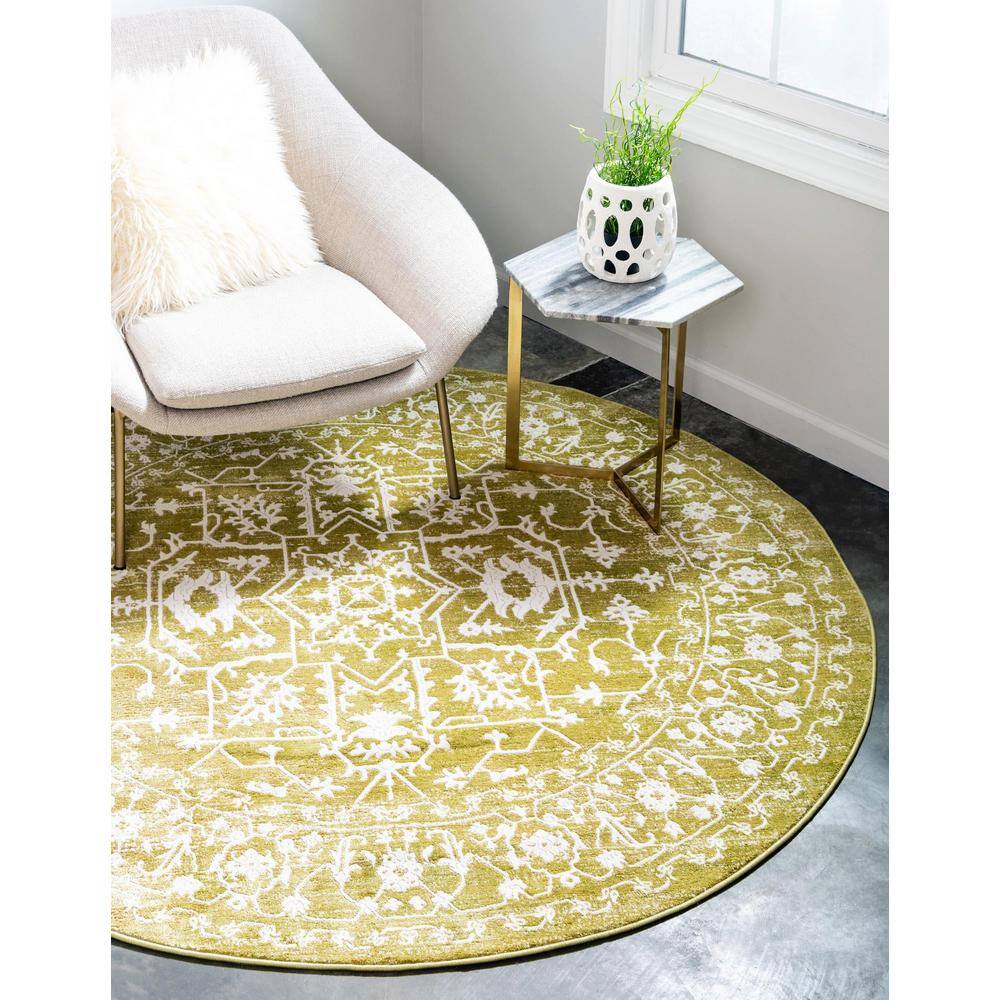 Round Light Green Abstract Synthetic Easy Care Rug