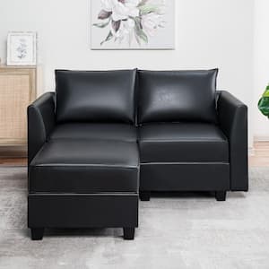Contemporary 1-Piece Black Air Leather Straight Arm Loveseat with Ottoman