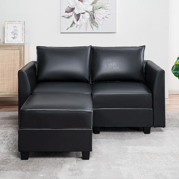 HOMESTOCK 56.1 in. W Faux Leather Modern Straight Arm Loveseat with Ottoman for Sectional Sofa in Black