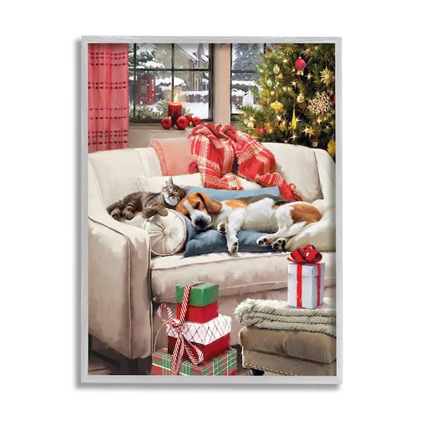 Stupell Industries Pets on Holiday Couch by Jason Kirk 1-Piece Framed Graphic Print Animal Poster Art Print 20 in. x 16 in.