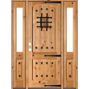 70 in. x 96 in. Mediterranean Knotty Alder Right-Hand/Inswing Clear Glass Clear Stain Wood Prehung Front Door w/DHSL