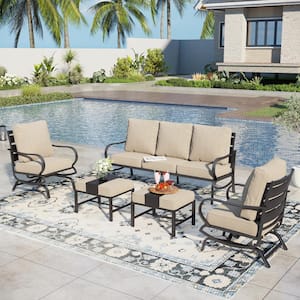 Black 5-Piece Metal Slatted 7-Seat Outdoor Patio Conversation Set with Beige Cushions 2 Motion Chairs and 2 Ottomans