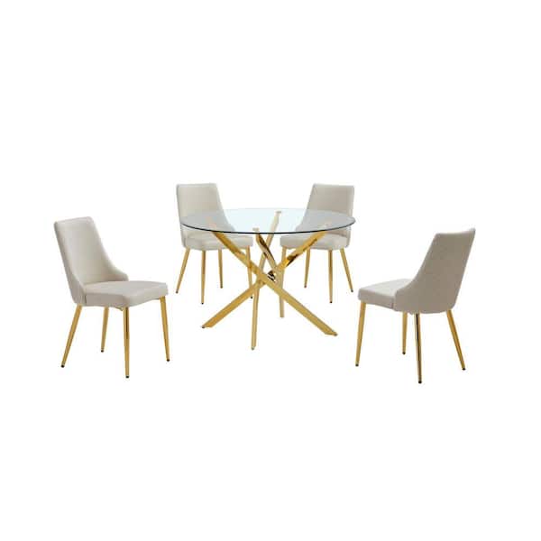 Poly 5-Piece Clear Tempered Glass Top with Gold Chrome Base Dining Set with 4 Cream Velvet Chairs