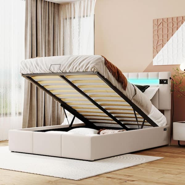 Harper & Bright Designs Beige Wood Frame Full Upholstered Platform Bed with LED light, Bluetooth Player and USB Charging