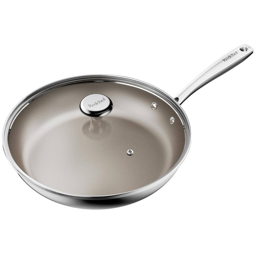 11.5 in. Stainless Steel Titanium Ceramic Nonstick Frying Pan with Glass Li