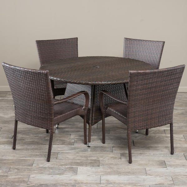 Noble House Grant Multi-Brown 5-Piece Faux Rattan Outdoor Dining Set