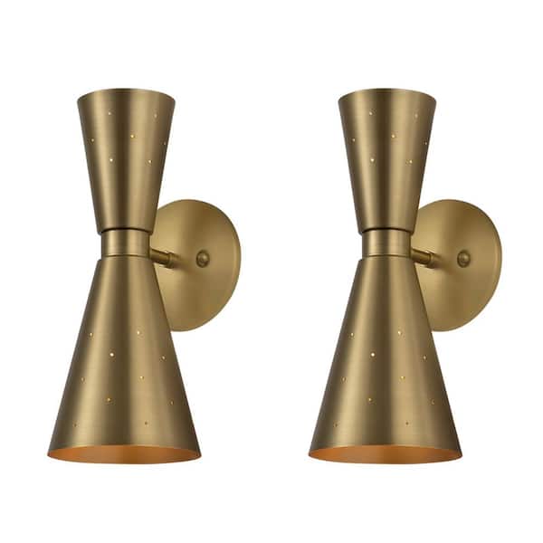 Rennnsan Tomas 5.51 in. W 2-Light Contemporary Cone Brushed Gold Wall Sconce (Set of 2)
