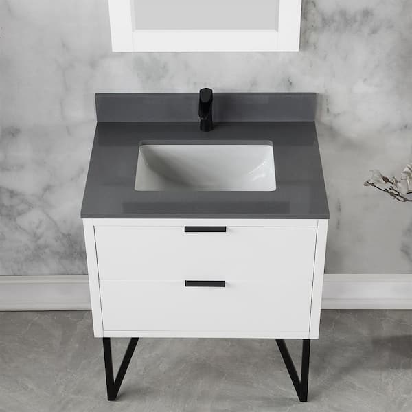 Helios 30 in. W x 22 in. D x 34 in. H Single Sink Bath Vanity in White with Gray Composite Stone Top and Mirror
