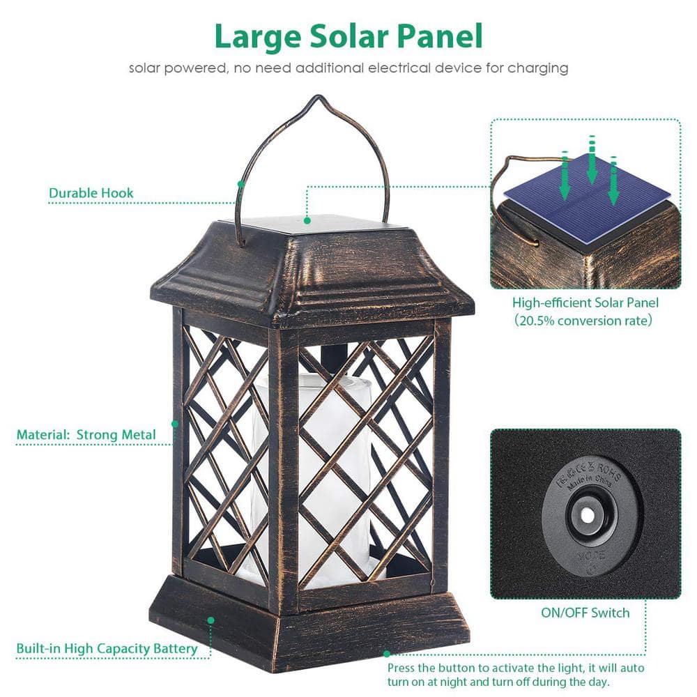 Bronze Outdoor Flickering Flame Metal Solar Lanterns, 2 Pack
