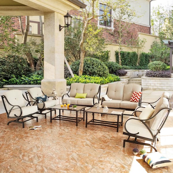 Patio Festival 8-Piece Metal Patio Conversation Set with Beige Cushions