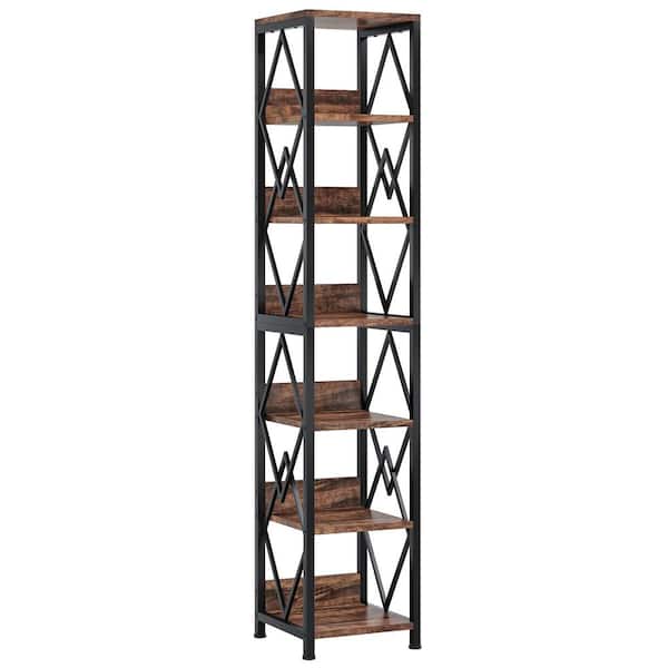 BYBLIGHT Eulas 74.8 in. Tall Brown Wood 6-Shelf Standard Bookcase with Metal Frame