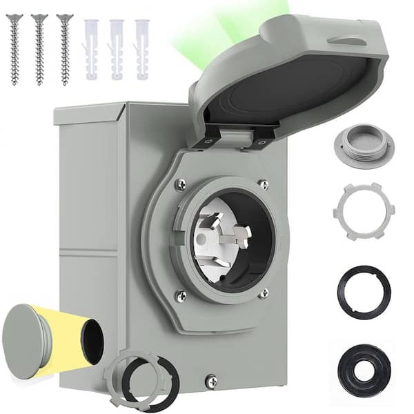 50 Amp 125/250V 12500W Generator Inlet Box w/ Green LED Power Indicator 4 Pre-Drilled Holes for Rain Snow Protection