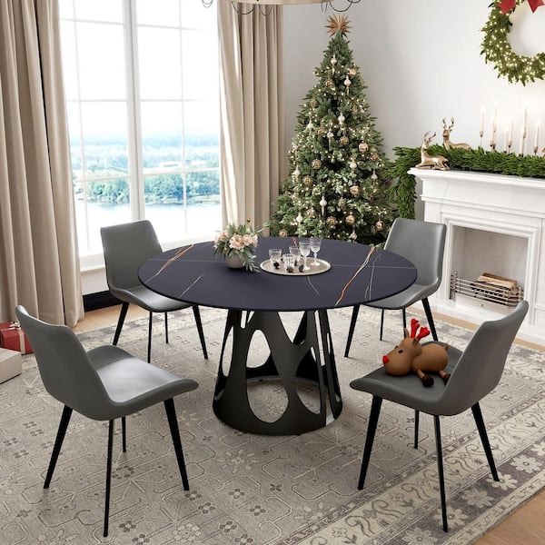 53 in. Black Round Sintered Stone Tabletop with Black Metal Pedestal Base Dining Table (Seats 6)